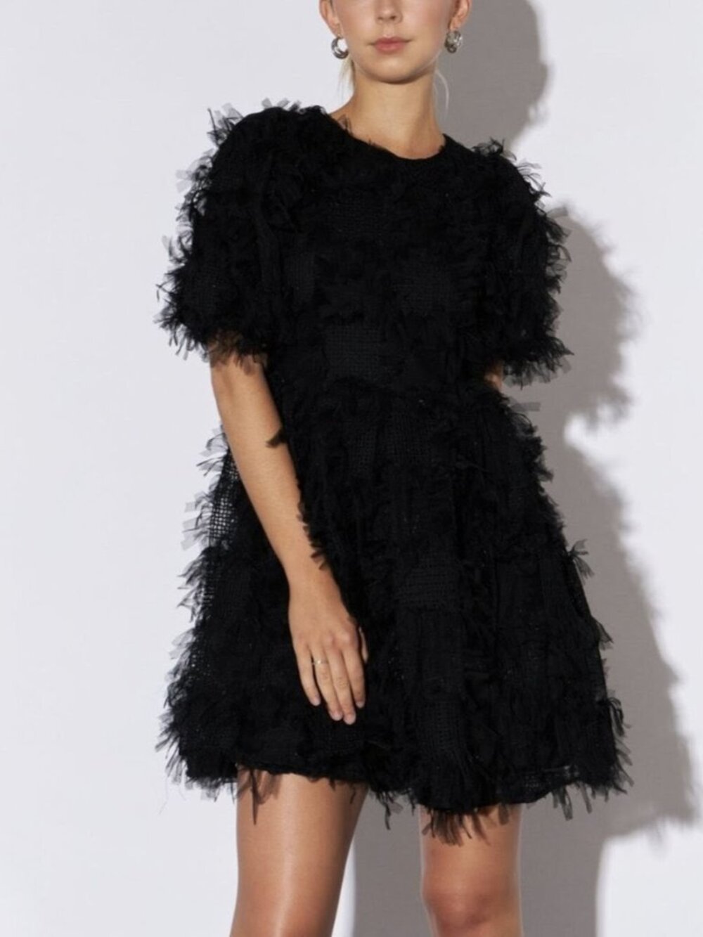 Endless Rose Gridded Mesh Feathered Puff Sleeve Mini Dress in Black Size L NWT